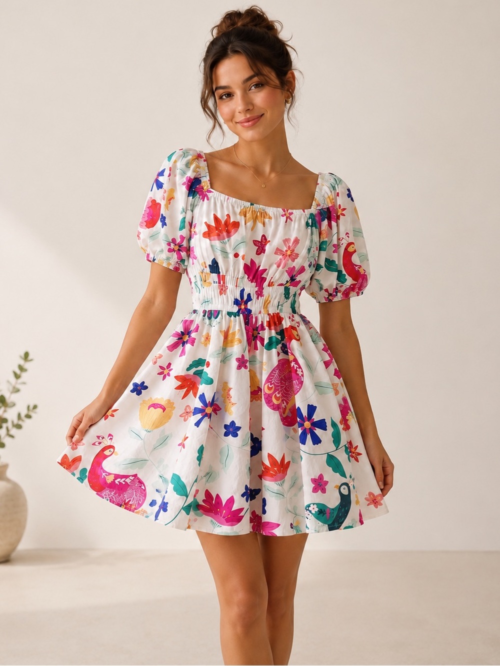 Sincerely Ours Arnette Puff Sleeve Mini Dress Peacock Floral Cream Size Large